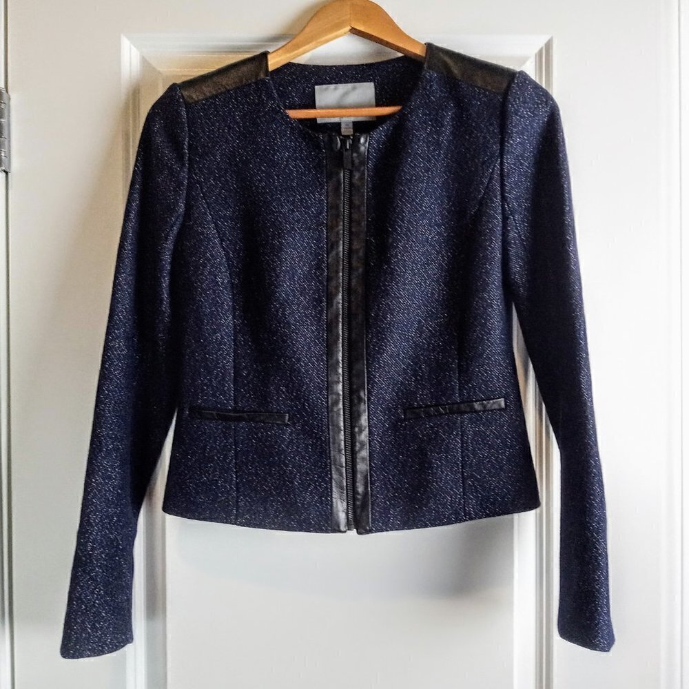 Classiques Entier Navy Blue Wool Blend Leather Trim Zip Front Jacket